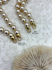 Hand Knotted Glass Cream Colored Pearl Necklace, 8mm Round Pearls, Gold or Matte Gold End Caps, 16.5 Inch