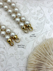Hand Knotted Glass Iridescent Cream Colored Pearl Necklace, 8mm Round Pearls, Gold or Matte Gold End Caps, 16.5 Inch