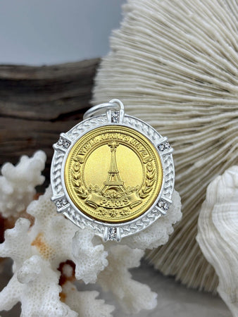 Gold Eiffel Tower Paris Coin Pendant, Matte Gold or Matte Silver Textured Bezel with Cubic Zirconia, 28mm Coin, Brass & Zinc Alloy