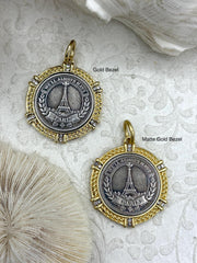 Silver Eiffel Tower Paris Coin Pendant, Matte Gold or Gold Textured Bezel with Cubic Zirconia, 28mm Coin, Brass & Zinc Alloy
