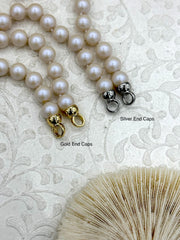 Hand Knotted Glass Iridescent White Colored Pearl Necklace, 8mm Round Pearls, Gold or Silver End Caps, 16.5 Inch