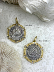 Silver Swan Paris Coin Pendant, Matte Gold or Gold Textured Bezel with Cubic Zirconia, 28mm Coin, Brass & Zinc Alloy