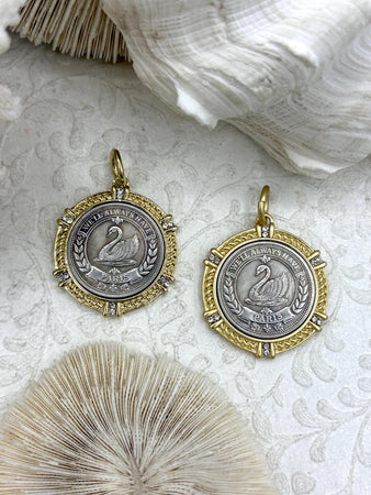 Silver Swan Paris Coin Pendant, Matte Gold or Gold Textured Bezel with Cubic Zirconia, 28mm Coin, Brass & Zinc Alloy