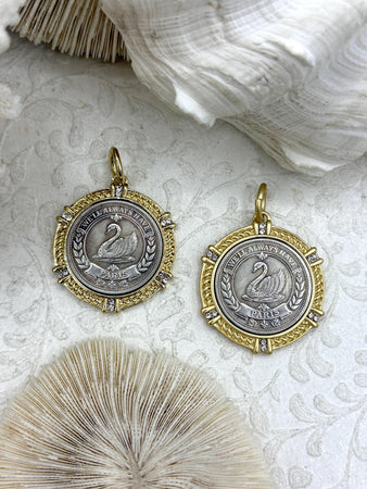 Silver Swan Paris Coin Pendant, Matte Gold or Gold Textured Bezel with Cubic Zirconia, 28mm Coin, Brass & Zinc Alloy