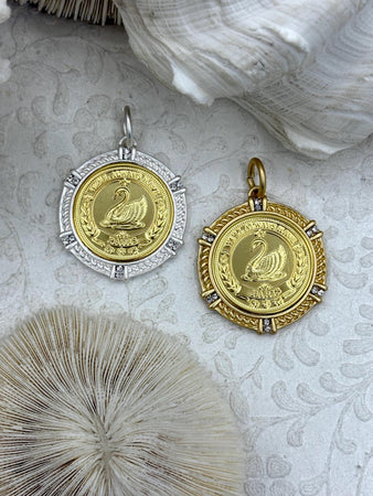 Gold Paris Swan Coin Pendant, Matte Gold or Matte Silver Textured Bezel with Cubic Zirconia, 28mm Coin, Brass & Zinc Alloy