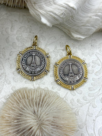 Silver Eiffel Tower Paris Coin Pendant, Matte Gold or Gold Textured Bezel with Cubic Zirconia, 28mm Coin, Brass & Zinc Alloy