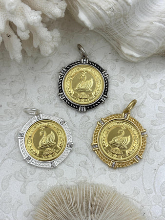 Parisian Collection Gold Paris Swan Coin Pendant, "We Will Always Have Paris", Bezel with Cubic Zirconia, 28mm Coin, Brass & Zinc Alloy