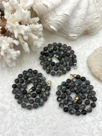 Hand Knotted AAA Quality Labradorite Necklace, 8mm Round Beads, Gold, Silver, or Matte Gold End Caps, 16" Long
