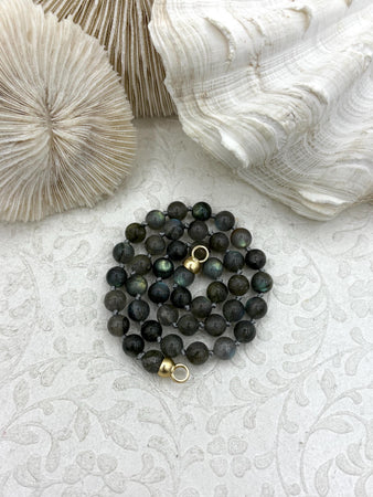 Hand Knotted Labradorite Necklace, 8mm Round Beads, MatteGold End Caps, 16" Long