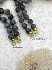 Hand Knotted Labradorite Necklace, 9mm Round Beads, Gold or Matte Gold End Caps, 16