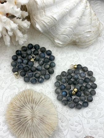 Hand Knotted Labradorite Necklace, 9mm Round Beads, Gold or Matte Gold End Caps, 16" Long