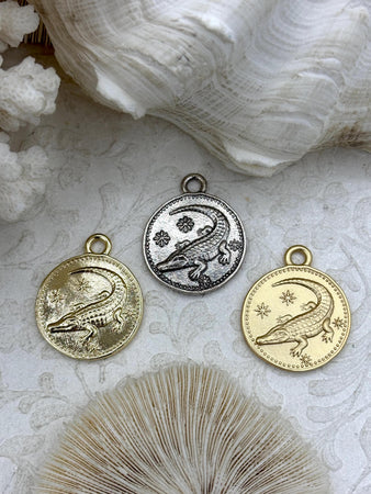 Alligator Coin Pendant. Plated Brass, Gold, Matte Gold, or Burnished Silver, 28mm Coin Pendant, Fast Ship