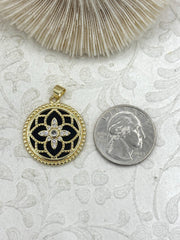 Round Black Enamel Pendant with Clear CZ, 25mm Round, Gold Plated Charm, Fast Ship