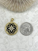 Image of Round Black Enamel Pendant with Clear CZ, 25mm Round, Gold Plated Charm, Fast Ship
