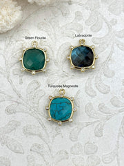Faceted Gemstones with Dotted CZ Gold Bezel, 3 Styles, Mini Stone Pendant, Gemstone Charm, 16mm, Natural Stones, Fast Ship