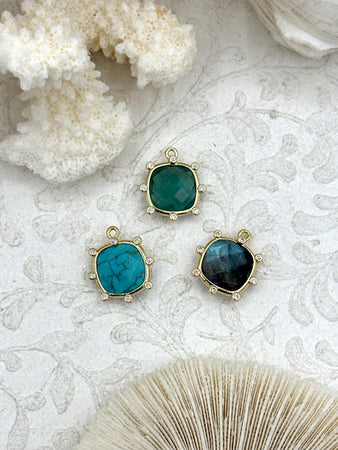 Faceted Gemstones with Dotted CZ Gold Bezel, 3 Styles, Mini Stone Pendant, Gemstone Charm, 16mm, Natural Stones, Fast Ship