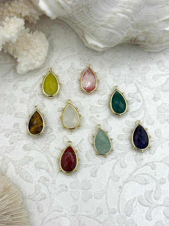 Faceted Teardrop Gemstones with Dotted Gold Bezel, 8 Styles, Teardrop Mini Pendant, Gemstone Charm, 20mm, Natural Stones, Fast Ship
