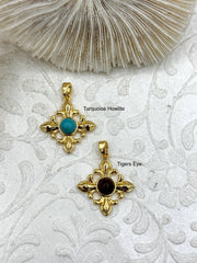Gold Plated Brass Natural Stone Pendants, 2 Styles, Tigers Eye and Turquoise Howlite, Fast Ship