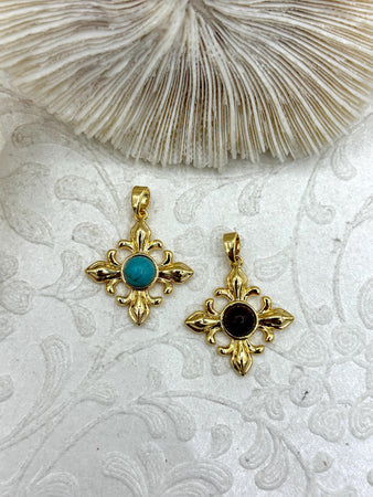 Gold Plated Brass Natural Stone Pendants, 2 Styles, Tigers Eye and Turquoise Howlite, Fast Ship