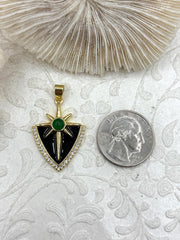 Black Enamel Star Pendant with Clear CZ and Green Accent, 32mm x 22mm, Gold Plated Brass Charm, Fast Ship