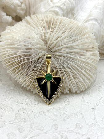 Black Enamel Star Pendant with Clear CZ and Green Accent, 32mm x 22mm, Gold Plated Brass Charm, Fast Ship
