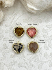 Faceted Heart Shaped Gemstones with Gold Bezel, 4 Styles, Mini Heart Pendant, Gemstone Charm, 13mm, Natural Stones, Fast Ship