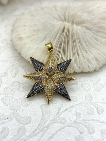 Mixed Metal Star Pendant, Gold and Gunmetal, 36mm x 32mm CZ Star Charm Pendant,