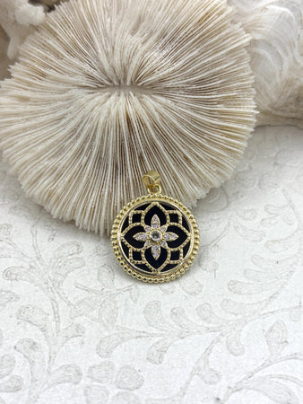 Round Black Enamel Pendant with Clear CZ, 25mm Round, Gold Plated Charm, Fast Ship