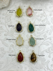Faceted Teardrop Gemstones with Dotted Gold Bezel, 8 Styles, Teardrop Mini Pendant, Gemstone Charm, 20mm, Natural Stones, Fast Ship