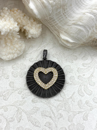 Gold and Gunmetal Plated Heart Pendants with Cubic Zirconia, 35.5mm Round Large Heart Pendant, Fast Ship