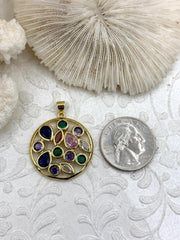 Gold Pendant with Colorful CZ, 27mm Round, Gold Plated, Colorful Cubic Zirconia, Fast Ship