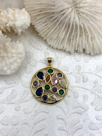 Gold Pendant with Colorful CZ, 27mm Round, Gold Plated, Colorful Cubic Zirconia, Fast Ship