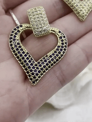 Large Heart Shaped Pendants With Cubic Zirconia. 3 Styles, Dark Blue, Green, Or Clear CZ. 40mm, Gold Plated Brass. Fast Ship