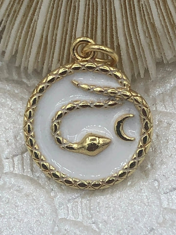 Enamel Snake on Round Coin Pendant With Crescent Moon, Gold Enamel Round Pendant, Enamel 3 Colors from the menu. 20mm x 16mm Fast Shipping Bling by A