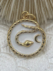 Enamel Snake on Round Coin Pendant With Crescent Moon, Gold Enamel Round Pendant, Enamel 3 Colors from the menu. 20mm x 16mm Fast Shipping