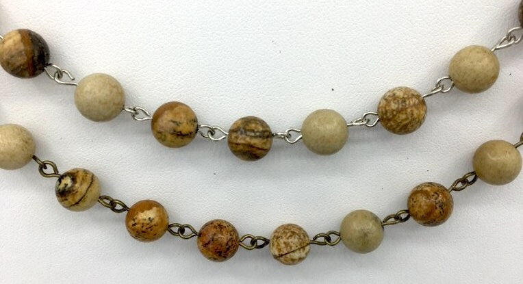 PICTURE JASPER GEMSTONE 1 meter (39") Rosary Chain, Beaded Chain, Bronze, Silver 4mm, 6mm ,8mm round & 6x8mm Rondelle beads. Fast Ship