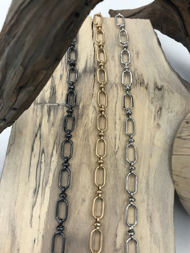 Brass Mixed Link Medium Cable Chain Oval sold by the foot. 7.5mm x 13mm oval,  Electroplated brass, 3 finishes Fast ship