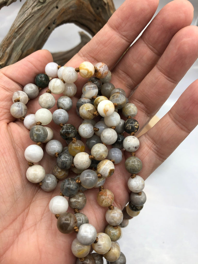 BAMBOO AGATE Hand Knotted Gemstone Necklace, 36" Bamboo Agate, 8mm Round Polished finish with brown thread. Fast ship