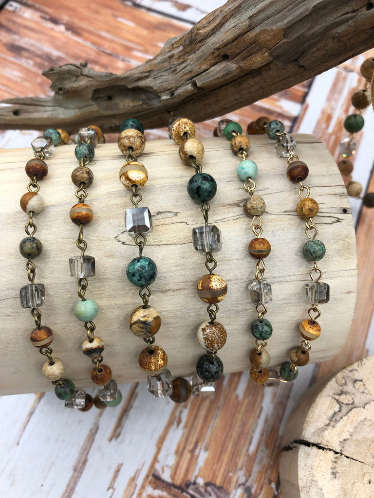 Gemstone Crystal mix Rosary. African Turquoise,Picture Jasper, Agate, Beaded Chain 8mm, 6mm, 4mm 3 pin colors 1 Meter (39 ") Fast Ship