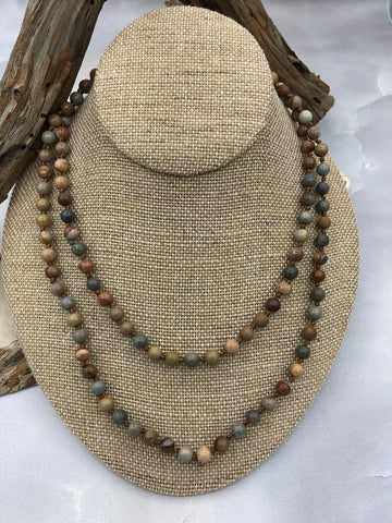 AMERICAN PICTURE JASPER Hand Knotted Gemstone Necklace, 36" Natural Stone, 6mm or 8mm Round Polished with brown thread.Fast ship