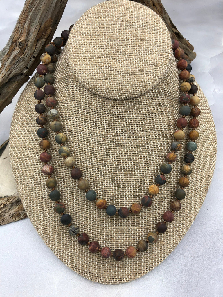 Matte RED CREEK JASPER Hand Knotted Gemstone Necklace, 36" Natural Stone, 8mm Round matte with brown thread.Fast ship