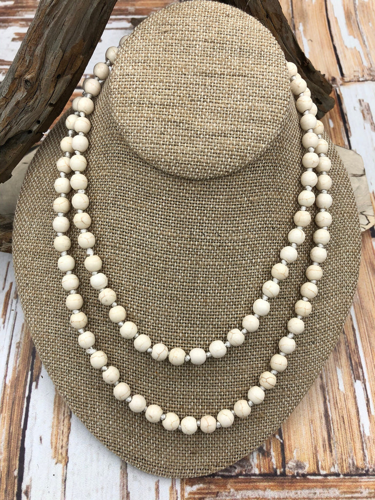 WHITE HOWLITE Hand Knotted Necklace, 36" HOWLITE, 8mm Round with Cream Thread. Fast ship