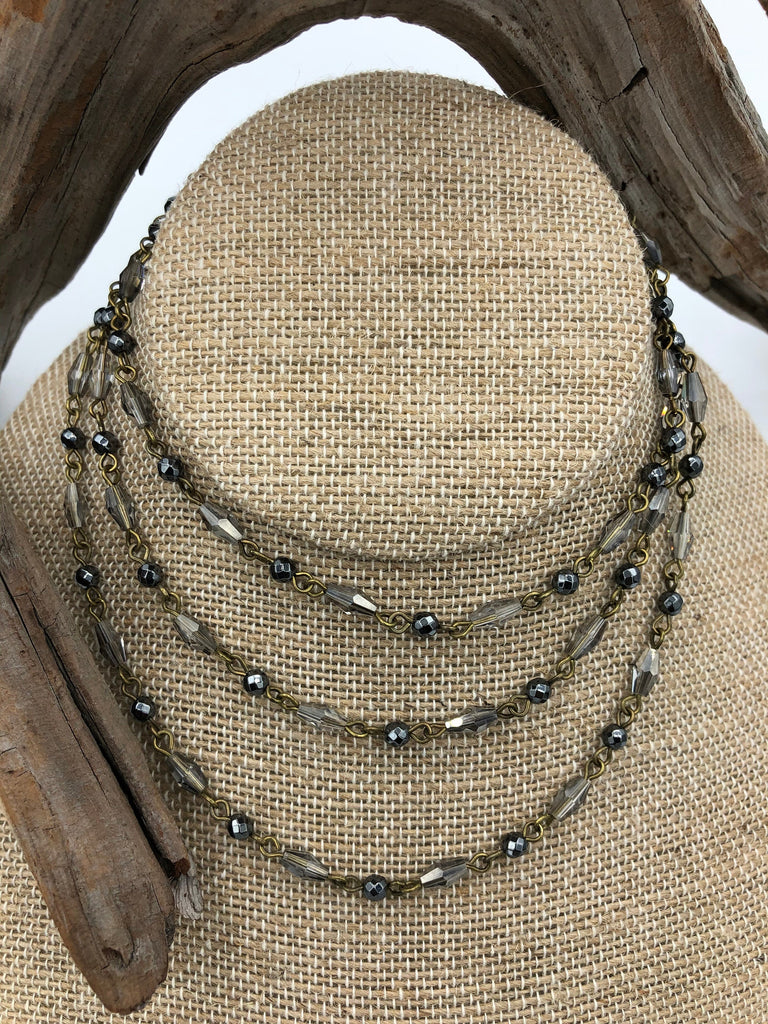 Gemstone Crystal mix Rosary Hematite and Diamond shape Crystal Beaded Chain Bronze, or Gold pin 1 Meter (39 ") Fast Ship