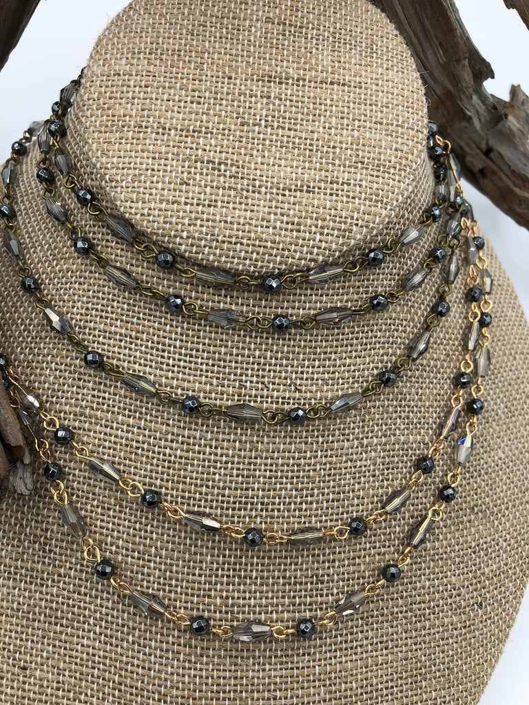 Gemstone Crystal mix Rosary Hematite and Diamond shape Crystal Beaded Chain Bronze, or Gold pin 1 Meter (39 ") Fast Ship