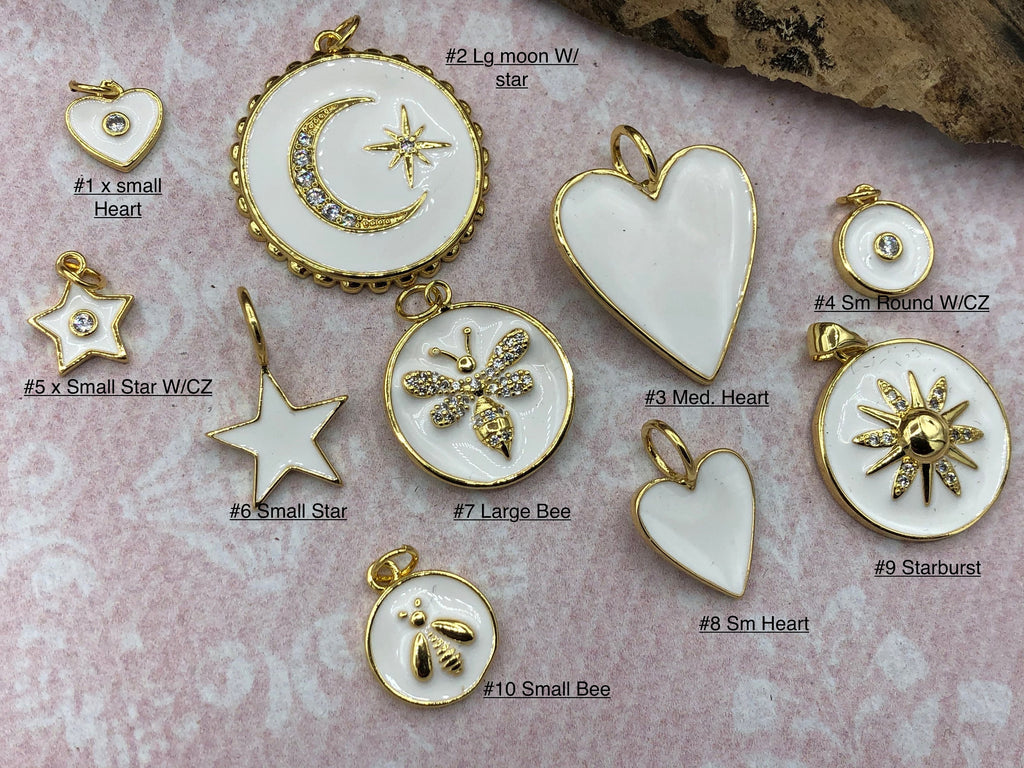 White w/Gold Enamel CZ Micro PAVE Charm Pendant Brass. Gold plating. Star, Heart, Moon, Bee, Compass, Arrow. 10 choices. Fast Ship Bling by A