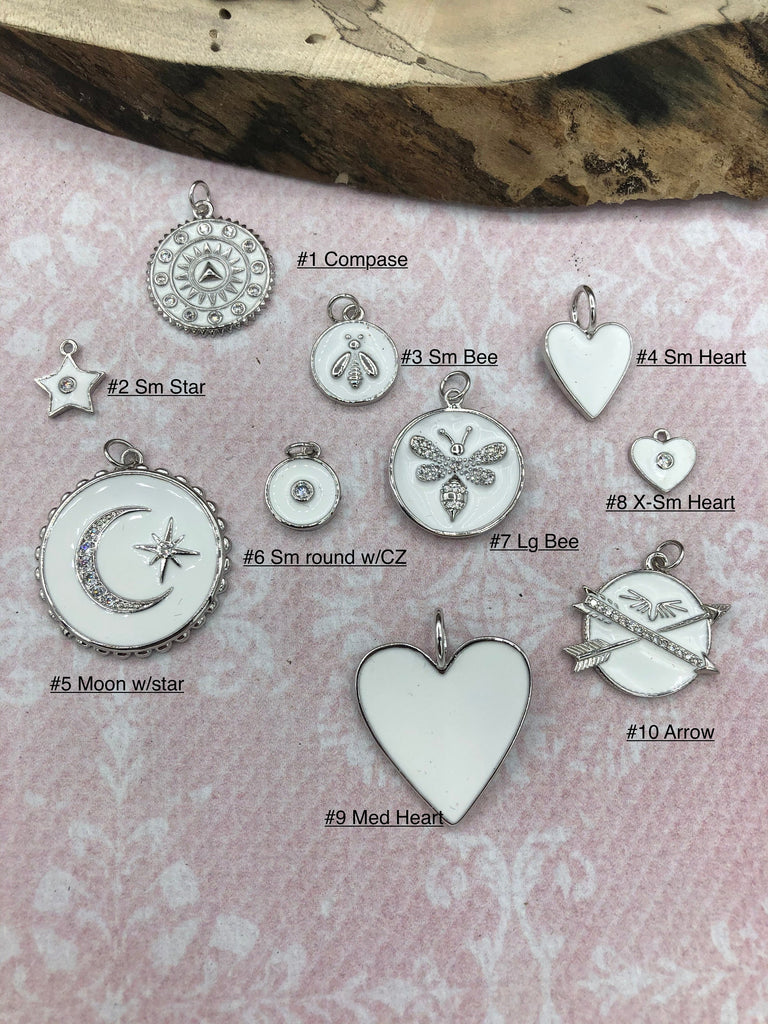 White Enamel Charms CZ Micro PAVE Charm Pendant BRASS. Silver plating. Star, Heart, Moon, Bee, Compass, Arrow. 10 to choose from. Fast Ship Bling by A