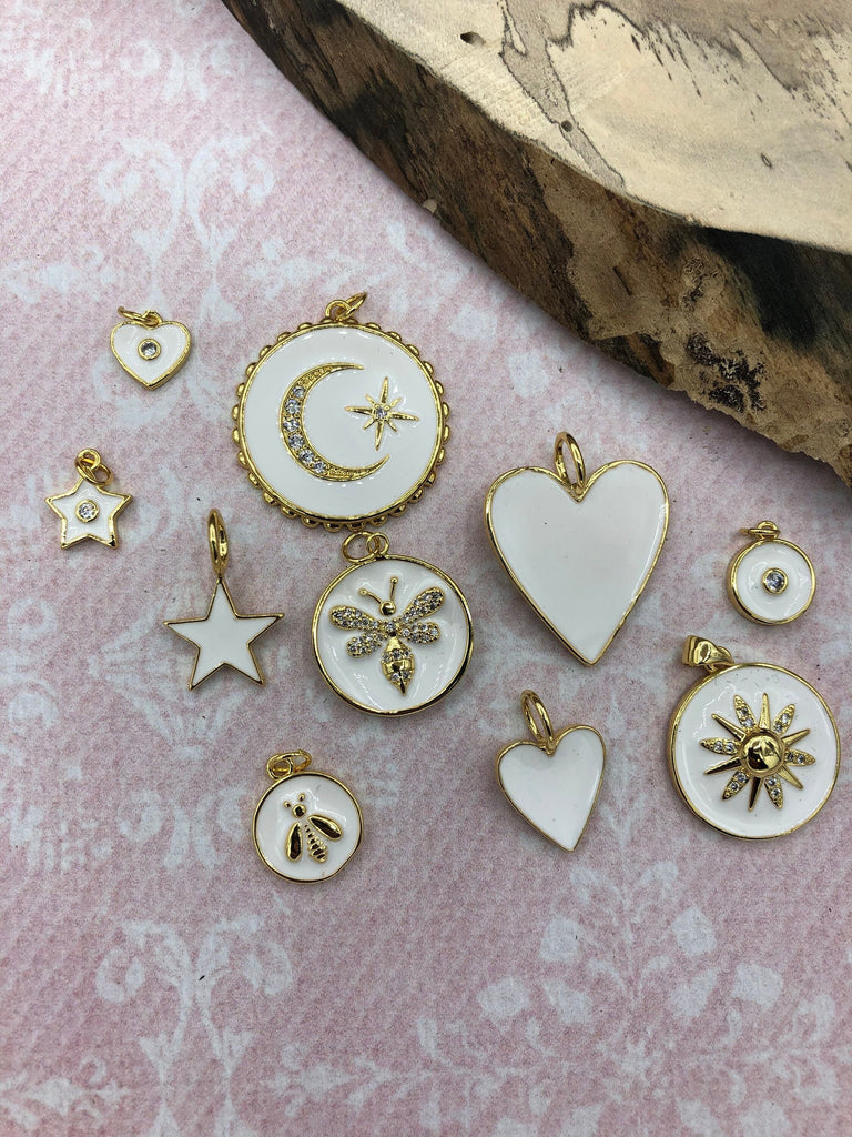 White w/Gold Enamel CZ Micro PAVE Charm Pendant Brass. Gold plating. Star, Heart, Moon, Bee, Compass, Arrow. 10 choices. Fast Ship Bling by A