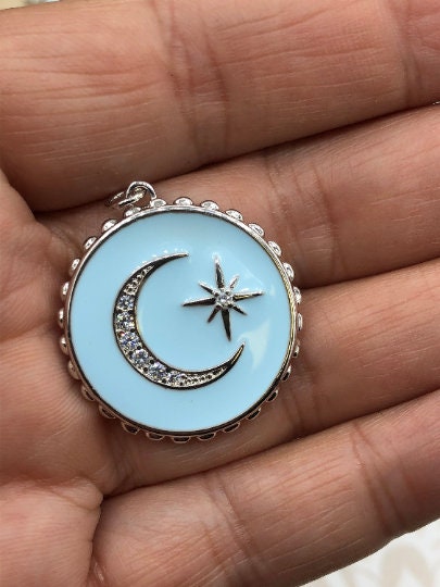 Blue Enamel CZ Micro PAVE Charm Pendant Brass. Silver plating. Star, Heart, Moon, Bee, Compass, Arrow. 11 choices Fast Ship Bling by A