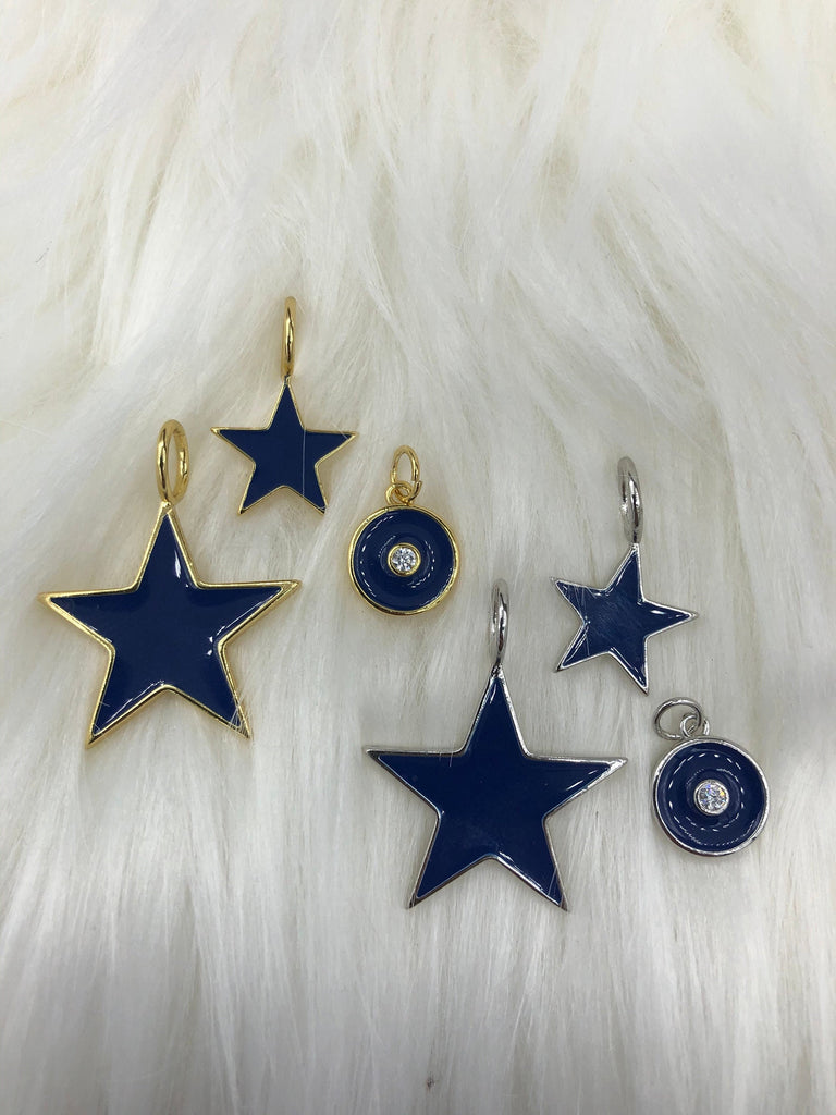 Enamel Star Charms, Disk Charm Pendant BRASS Star, Small and Medium, Navy Blue/Gold or Navy /Silver Charm. Choose from the menu. Fast Ship Bling by A