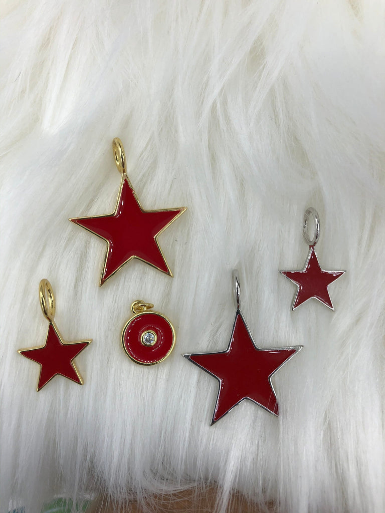 Enamel Star Charms, Disk Charm Pendant BRASS Star, Small and Medium, Red/Gold or Red /Silver Charm. Choose from the menu. Fast Ship Bling by A
